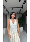 Dilvin Halter Yaka Triko Bluz Ekru