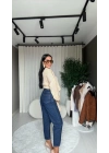 Dört Düğmeli Yüksek Bel Lacivert Mom Jean