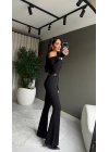 Kemerli İspanyol Paça Siyah Pantolon