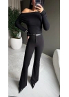 Kemerli İspanyol Paça Siyah Pantolon