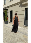 Keten Halter Yaka Maxi Elbise Siyah