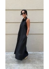 Keten Halter Yaka Maxi Elbise Siyah