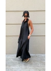 Keten Halter Yaka Maxi Elbise Siyah