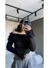 Madonna yaka Püskül Detaylı Triko Siyah Kazak