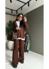 Saç Örgülü Fermuarlı Triko Kahverengi Takım