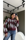 Triko Baklavalı Bordo Gri Kısa Hırka