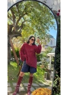 Tüğlü Oversize İspanyol Kol Bordo Kazak