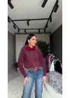 Yakası kürklü fermuarlı Bordo Hırka