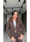 Yakası Kürklü Fermuarlı kahverengiHırka