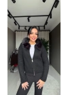 Yakası kürklü Fermuarlı Siyah Hırka