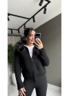 Yakası kürklü Fermuarlı Siyah Hırka