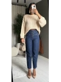 Dört Düğmeli Yüksek Bel Lacivert Mom Jean