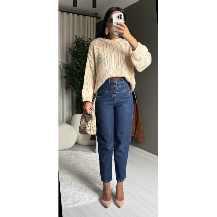 Dört Düğmeli Yüksek Bel Lacivert Mom Jean