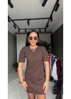 Vatkalı Geniş Omuz Kahverengi Mini Elbise