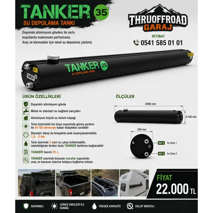 Tanker Solar Shower - Araç Üstü Basınçlı Su Tankı Dikey 35 LT
