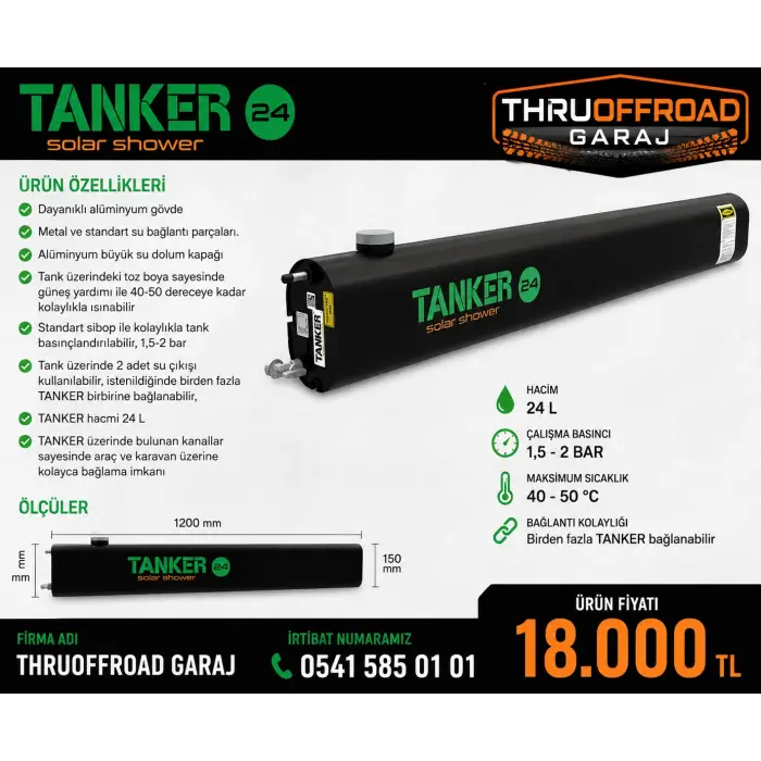 Tanker Solar Shower - Araç Üstü Basınçlı Su Tankı Yatay 24 LT