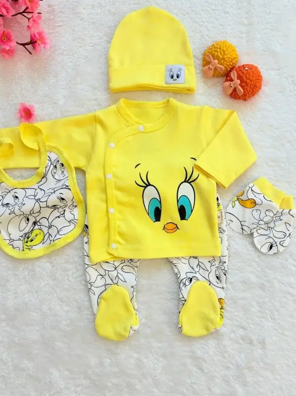 Civciv Desenli Yenidoğan 5li Hastane Çıkışı Zıbın Seti %100 Pamuk