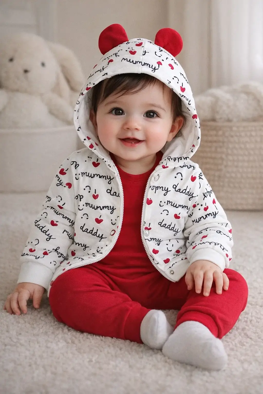 Kalp Desenli Kulaklı 3 Lü Kız Bebek Takımı