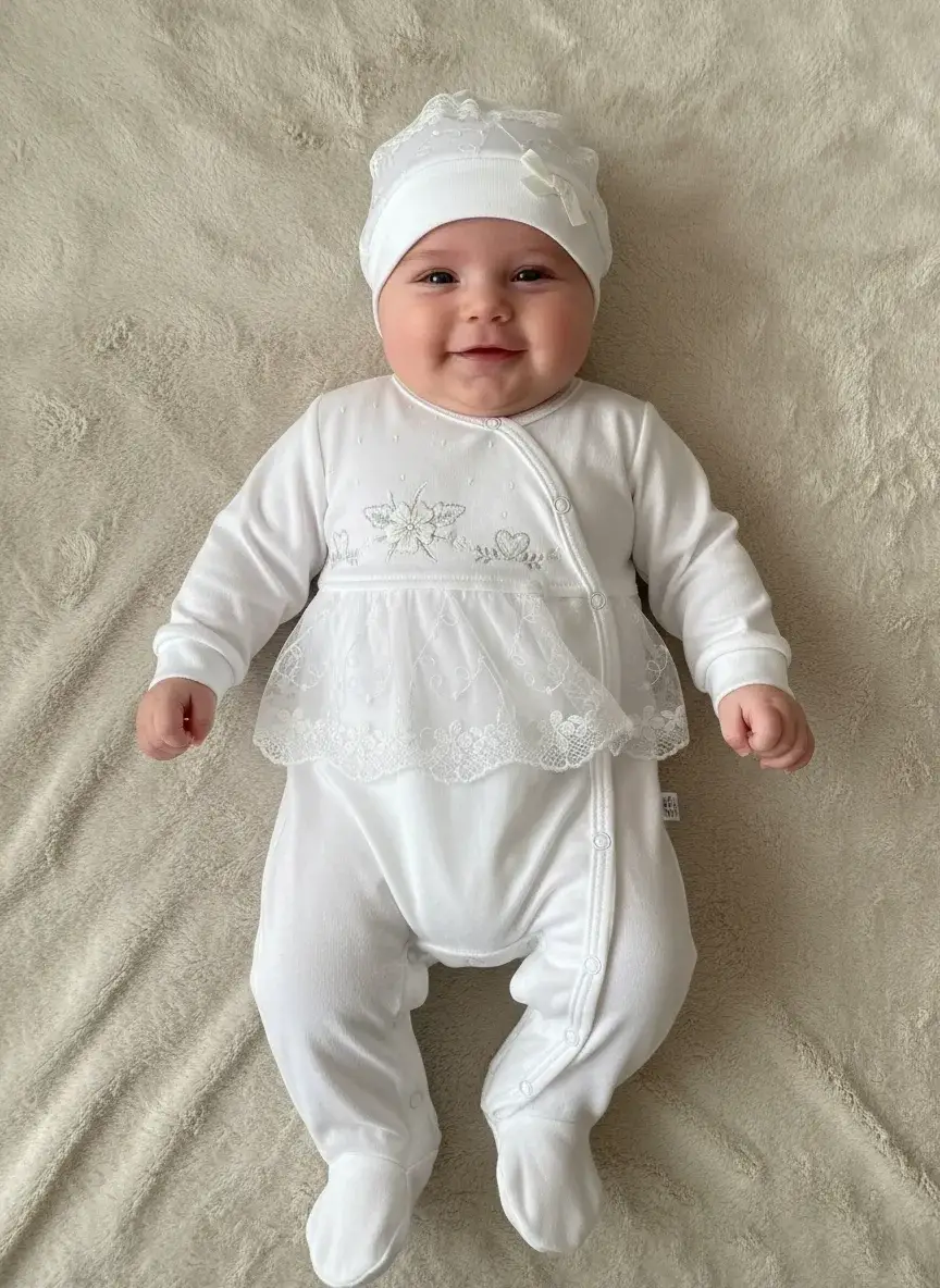 Dantelli Çiçek Nakışlı Kız Bebek Tulum %100 Pamuk