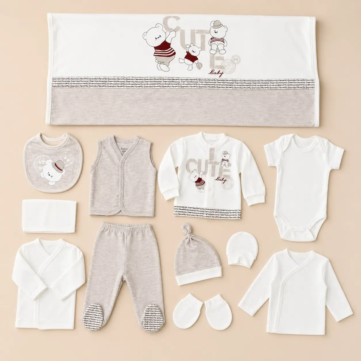 Sevimli Ayı Desenli Erkek Bebek 10 Lu Yenidoğan Seti
