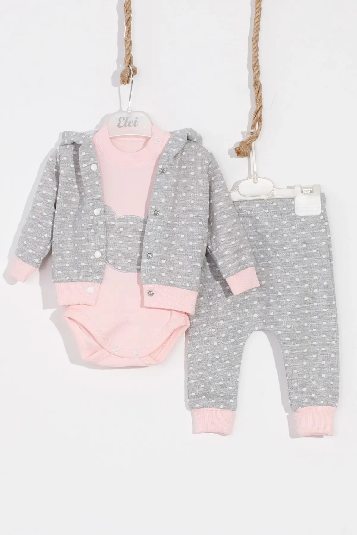 Bear Nakışlı Puanlı Pamuklu 2li Kız Bebek Takımı