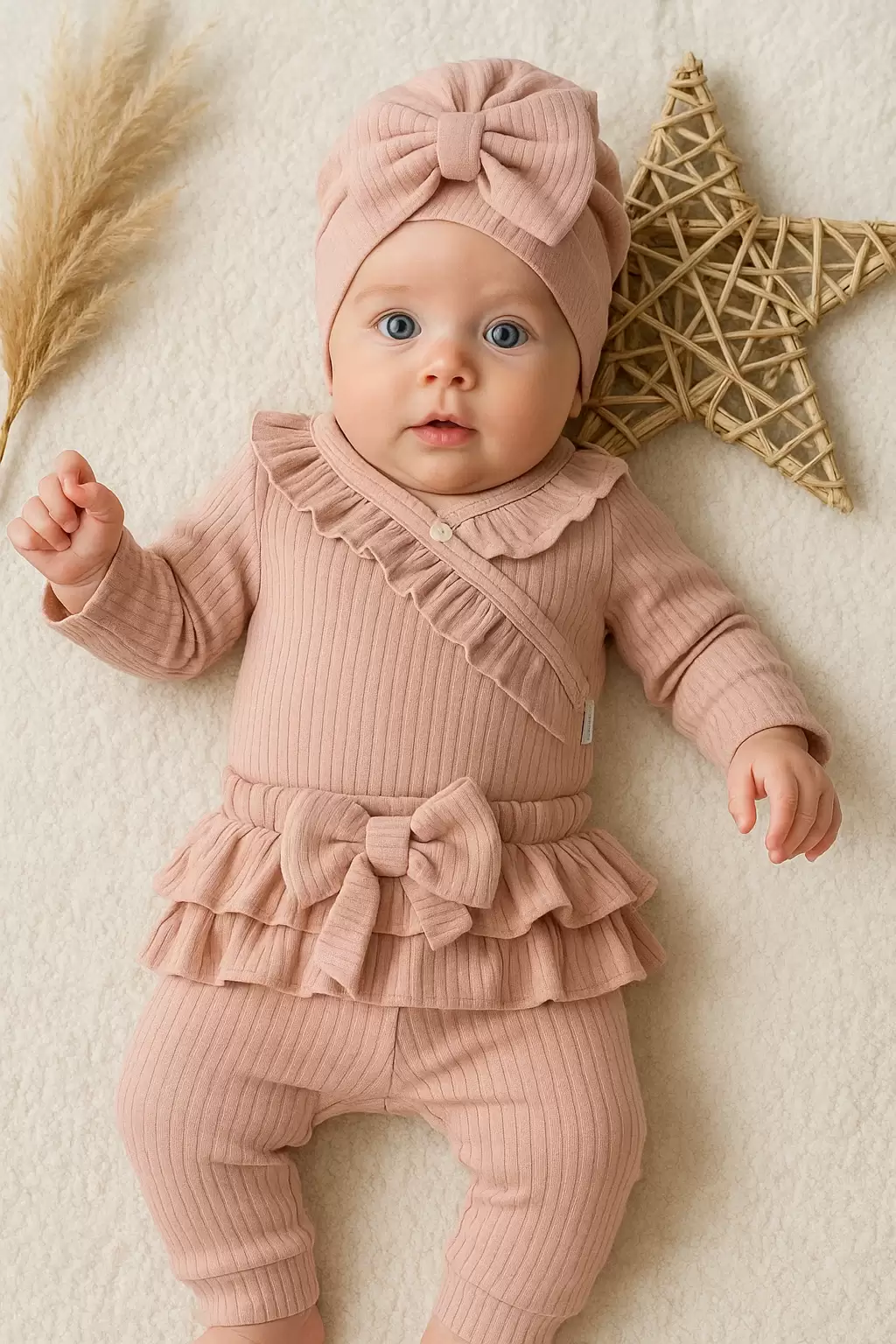 Fırfır Detaylı Fiyonk Boneli % 100 Pamuklu Kız Bebek Takımı