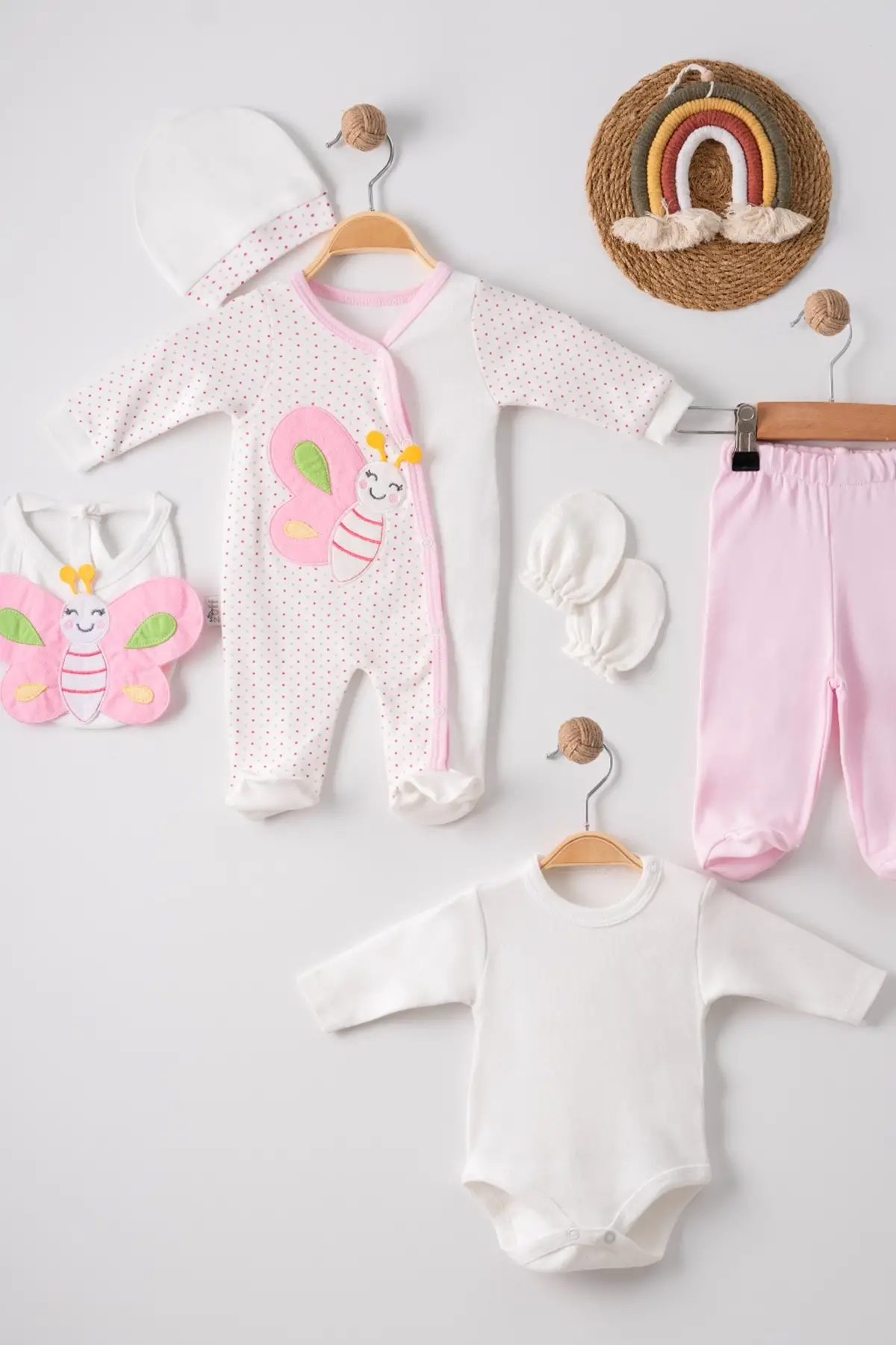 Kelebek Nakışlı Tulumlu % 100 Pamuk Kız Bebek 5li Set