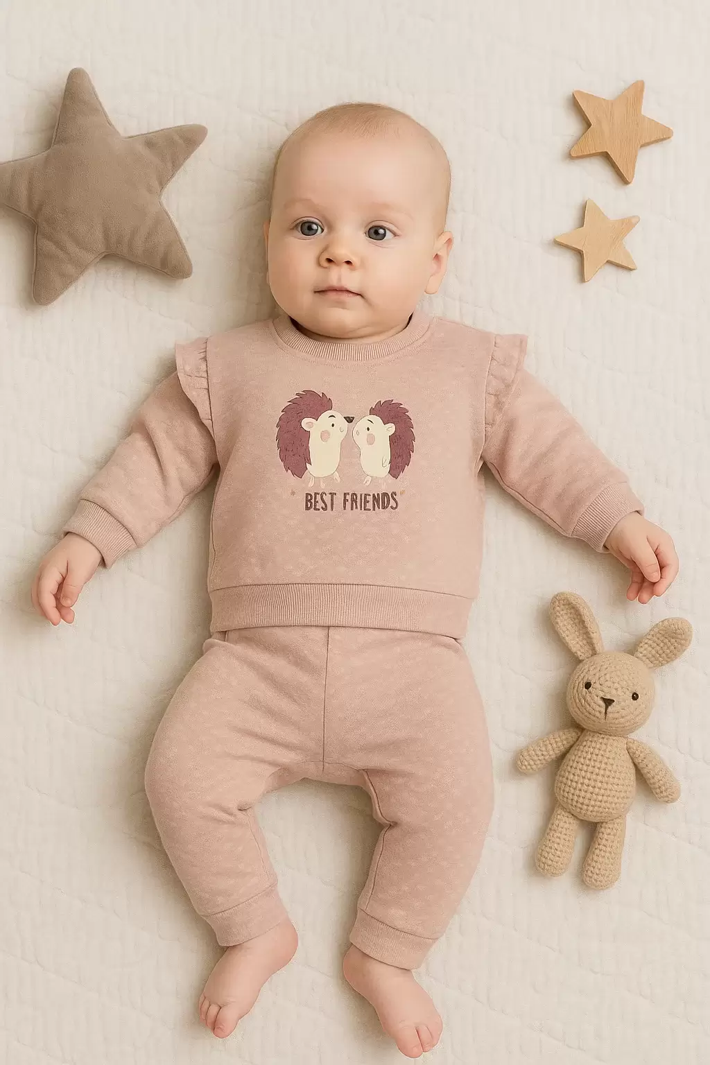 Kirpi Nakışlı % 100 Pamuk 2li Kız Bebek Takım