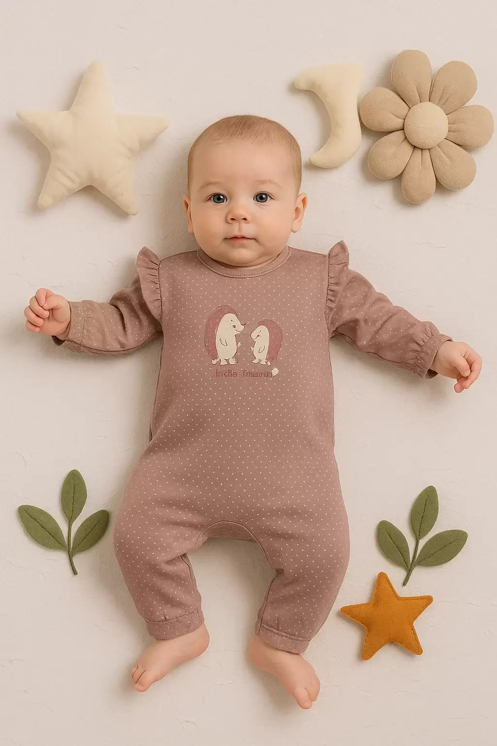 Kirpi Nakışlı % 100 Pamuk Kız Bebek Tulum