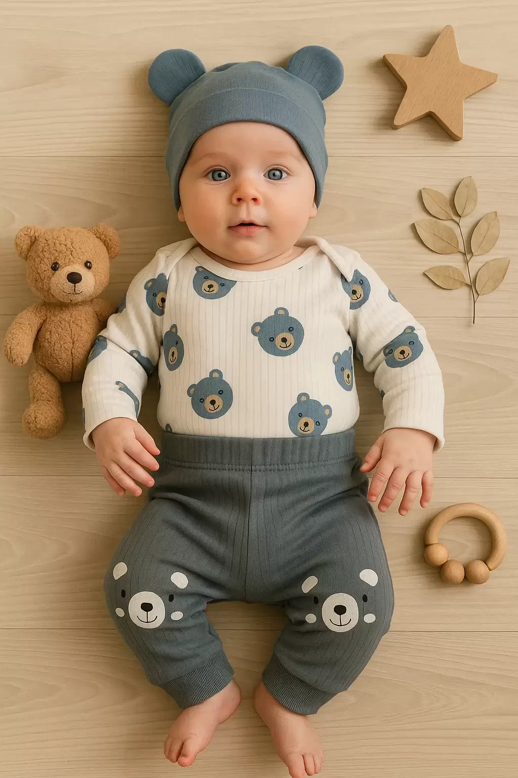 Kulaklı Ayıcık % 100 Pamuk 3lü Erkek Bebek Takım