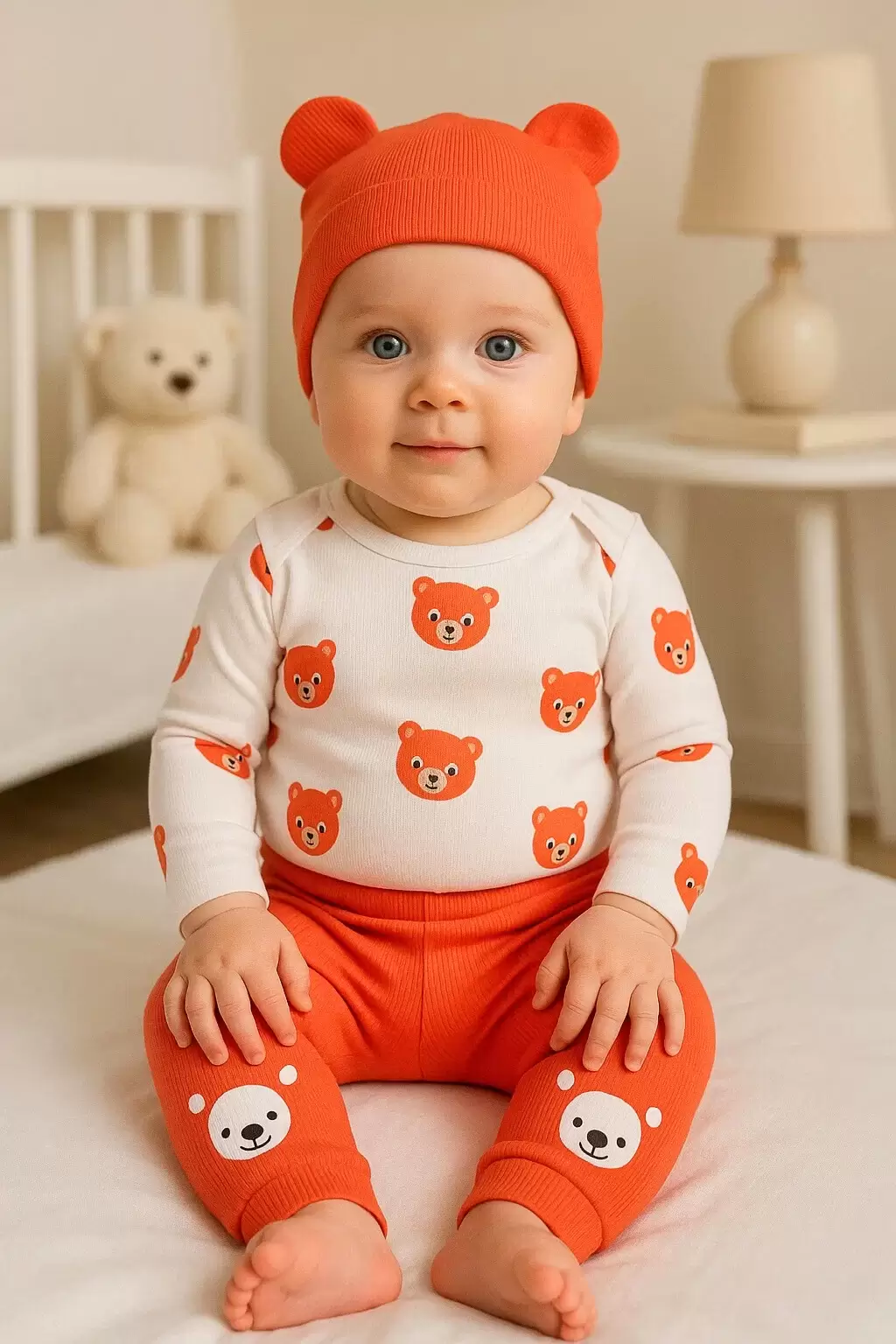 Kulaklı Ayıcık % 100 Pamuk 3lü Erkek Bebek Takım