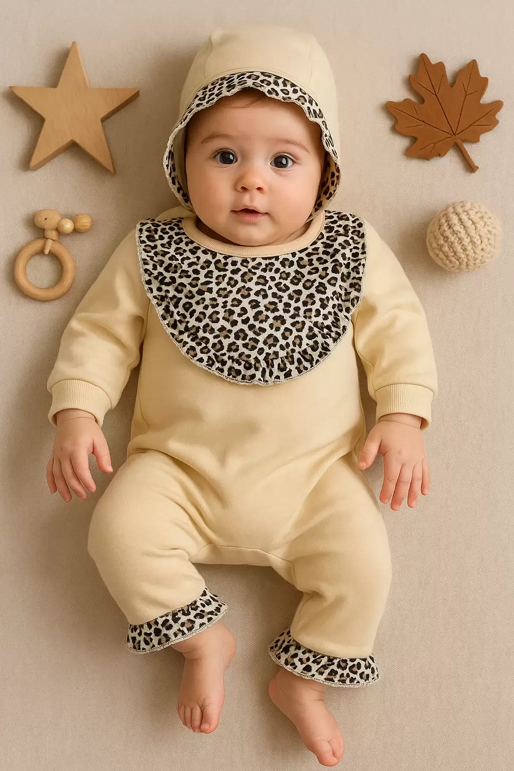 Leopar Detaylı Şapkalı Tulum %100 Pamuk