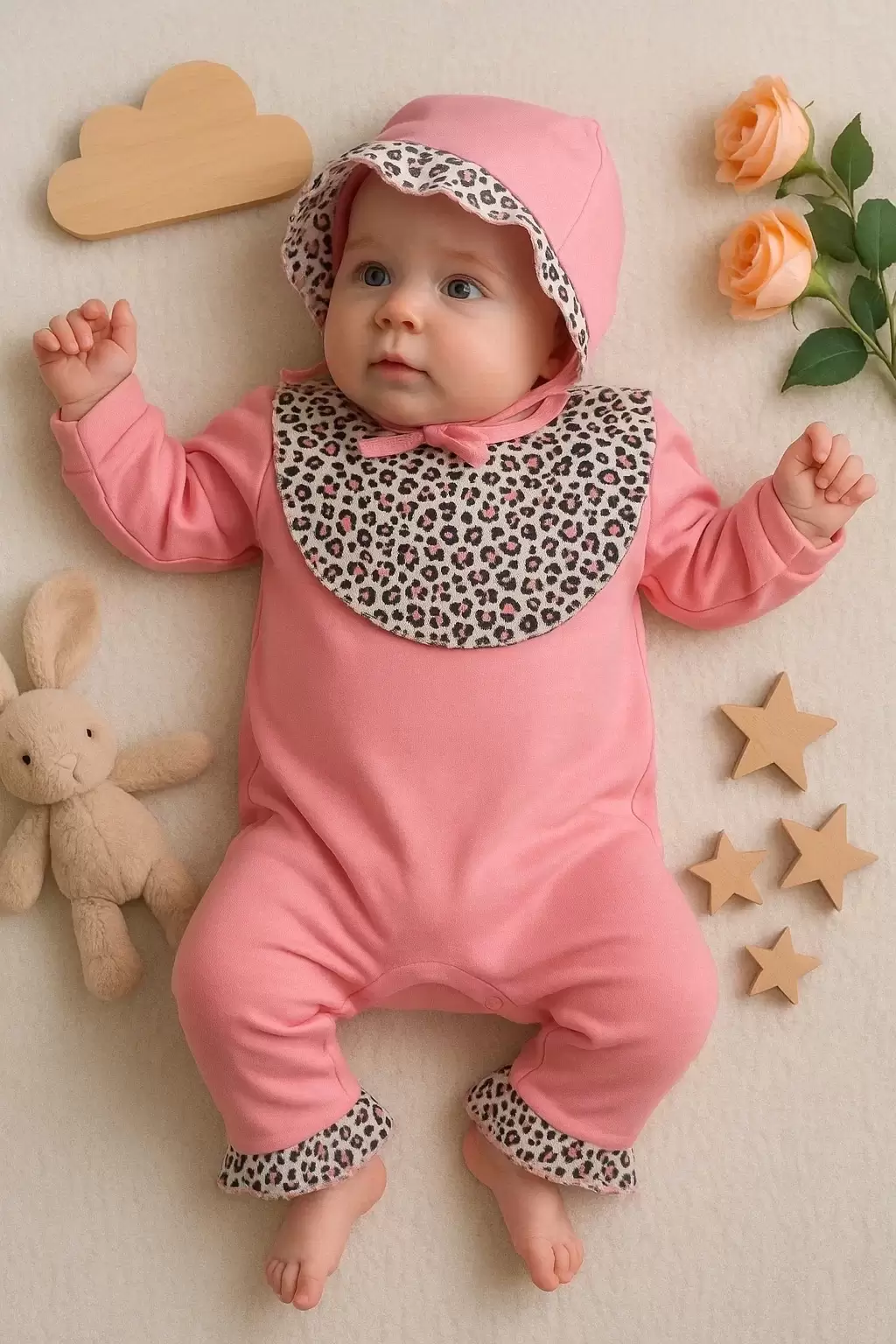 Leopar Detaylı Şapkalı Tulum %100 Pamuk