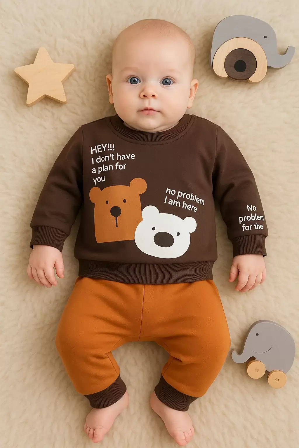 No Problem Yazılı Bear Desenli 2li Erkek Bebek Takımı