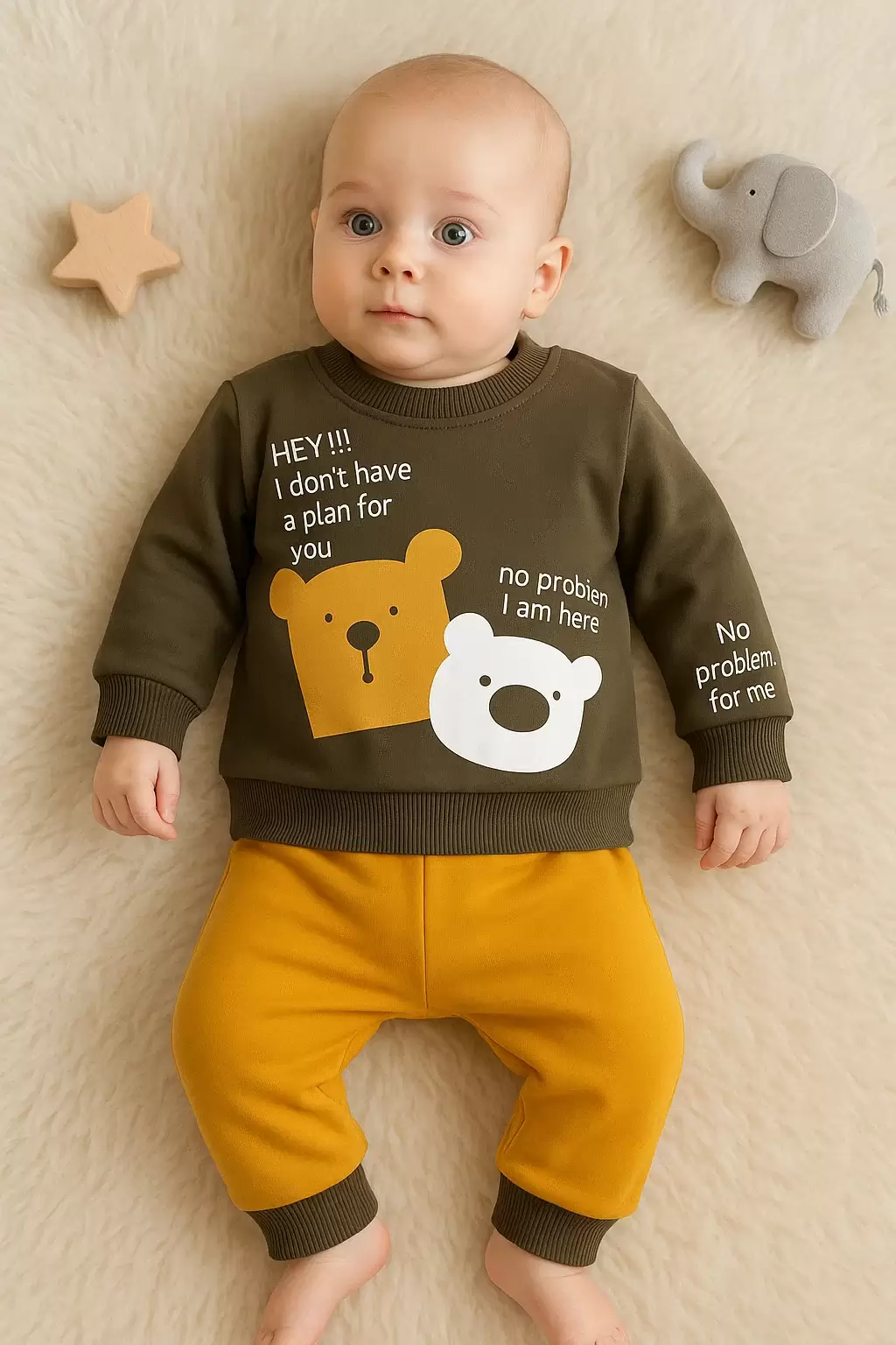 No Problem Yazılı Bear Desenli 2li Erkek Bebek Takımı