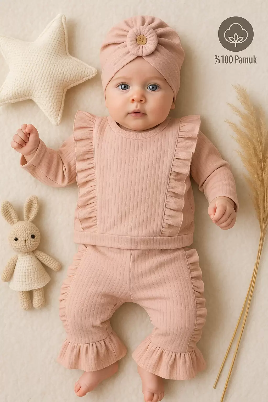 Omuzdan Fırfır Detaylı Boneli 3lü % 100 Pamuklu Kız Bebek Takımı