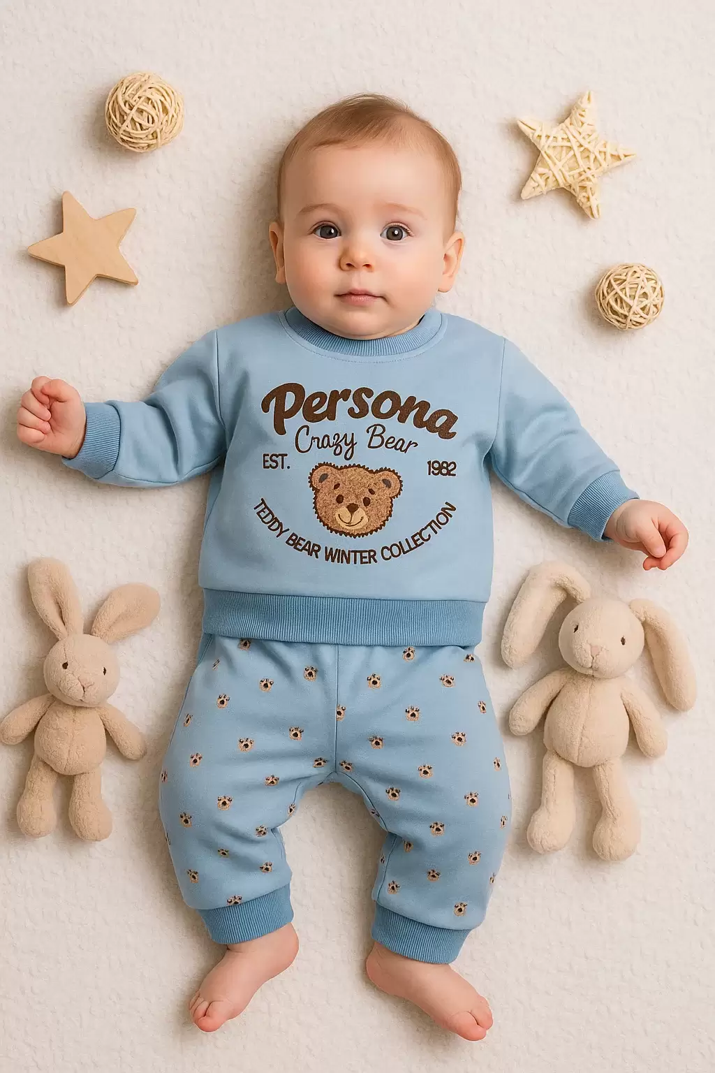Persona Bear Nakışlı % 100 Pamuk 2li Erkek Bebek Takım