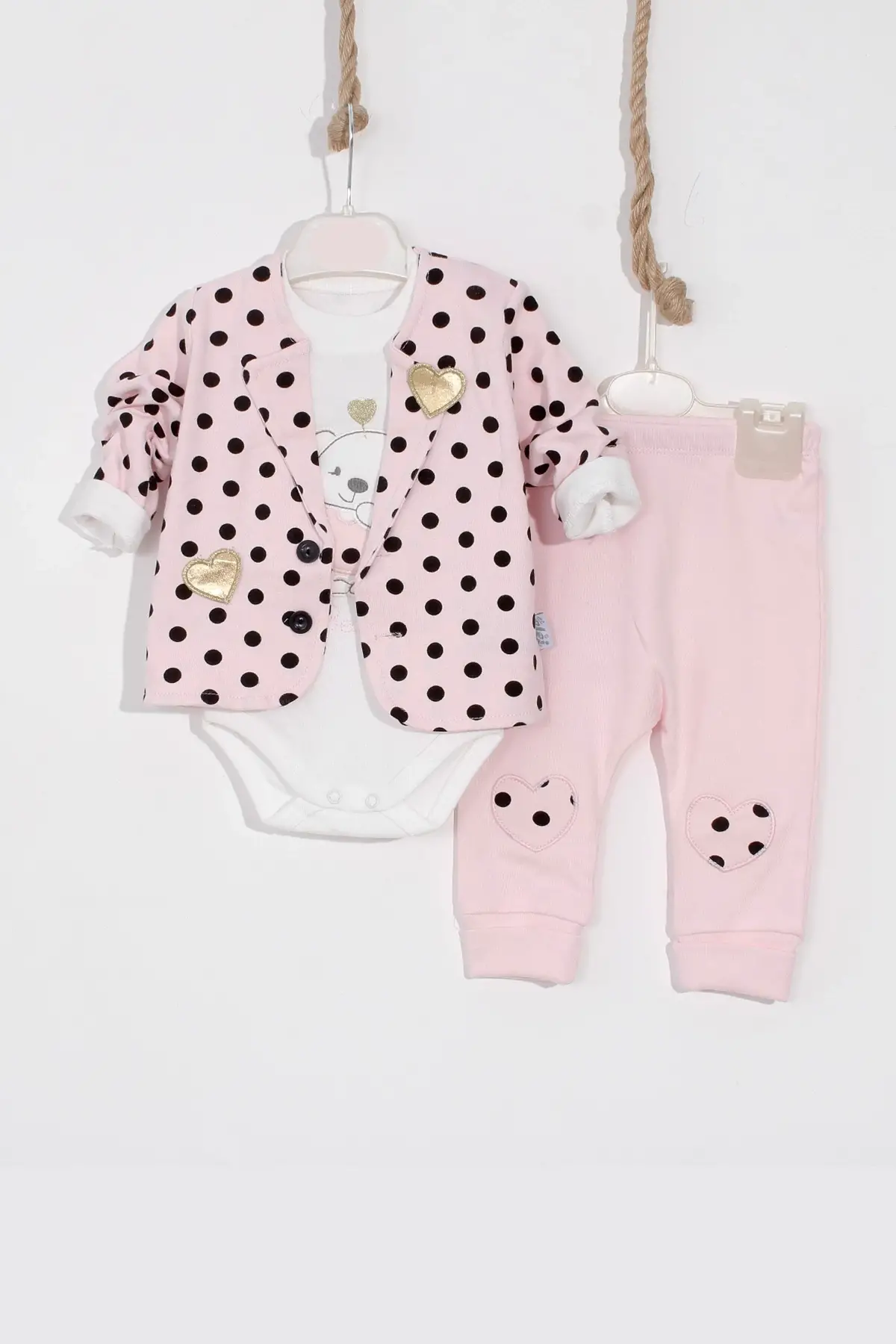 Puan Desenli Çeketli Pamuklu 3lü Kız Bebek Takımı