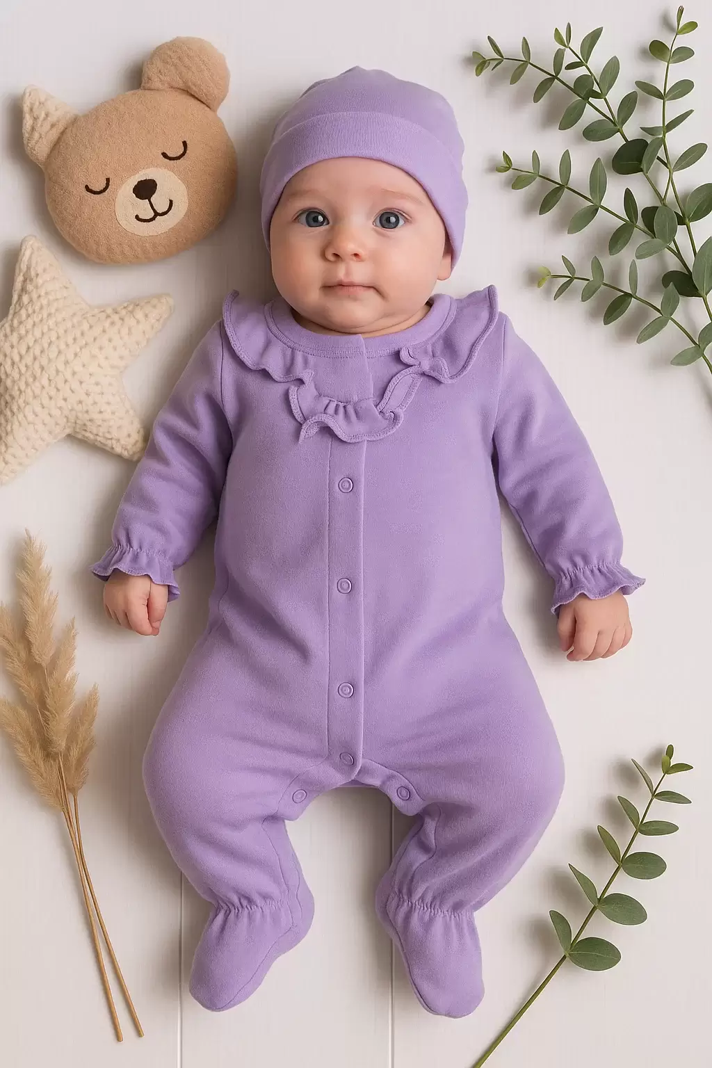 Robası Astarlı Fiyonk Şapkalı Kız Bebek Tulum