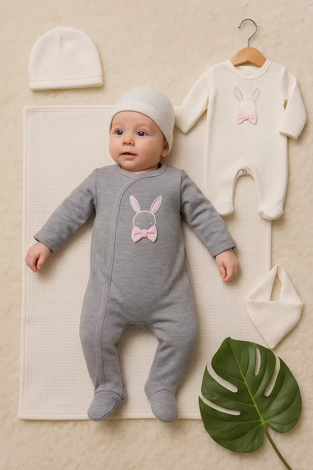 Tavşan Desenli Fiyonklu Kız Bebek 4lü Tulum Seti 100% Pamuk