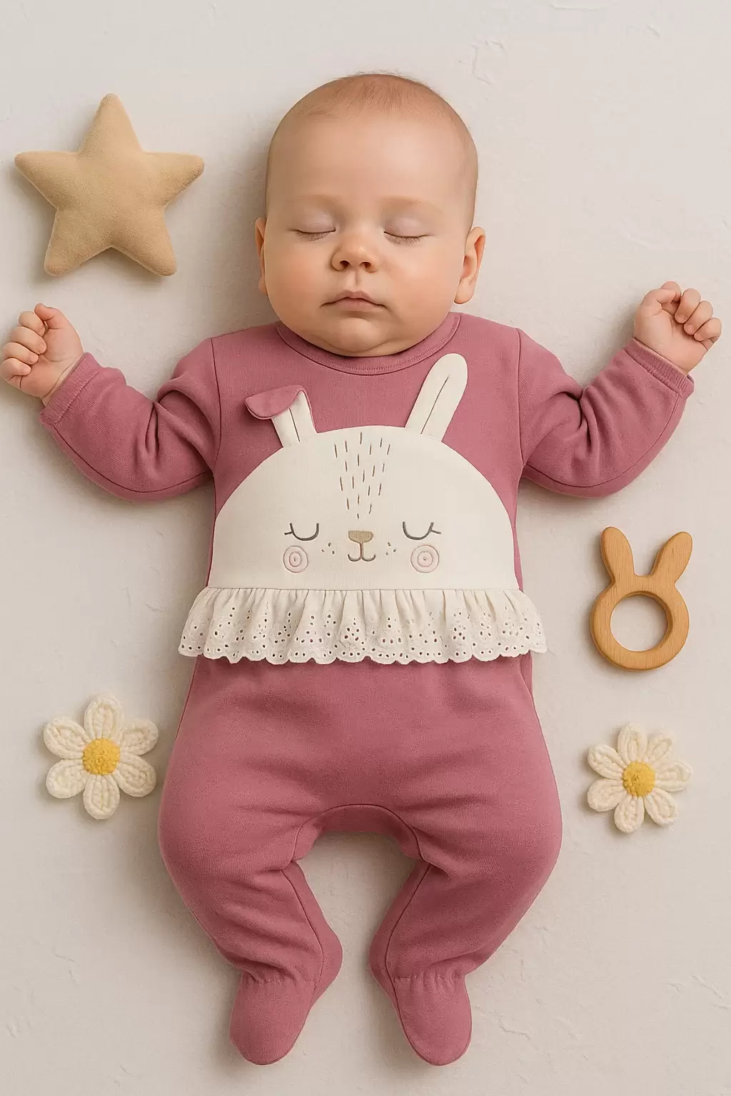 Tavşan Nakışlı Güpürlü % 100 Pamuk Kız Bebek Tulum