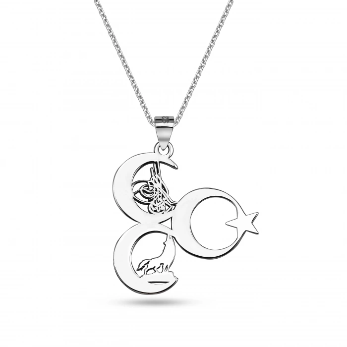 3 Hilal Tuğra Kurt Ayyıldız Kolye - Gümüş