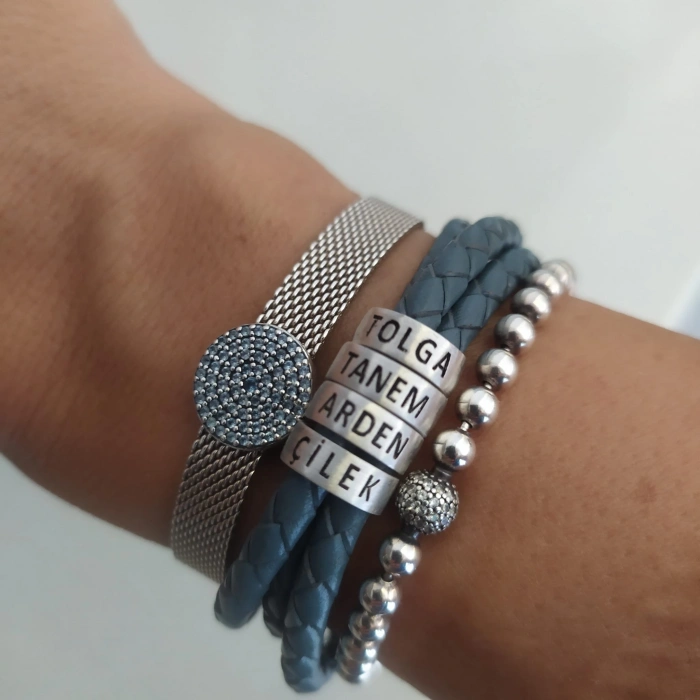 3 Sıralı Örme Deri Isimli Gümüş Bileklik