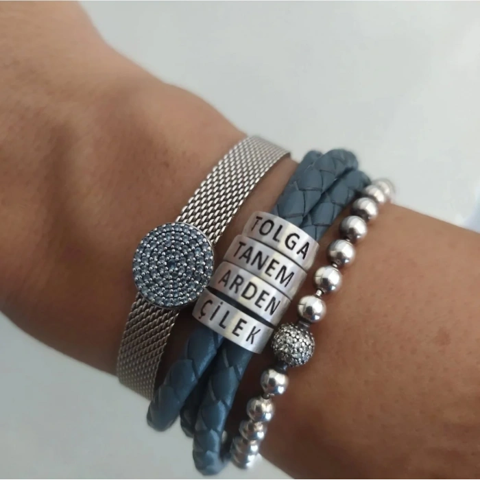 3 Sıralı Örme Deri Isimli Gümüş Bileklik