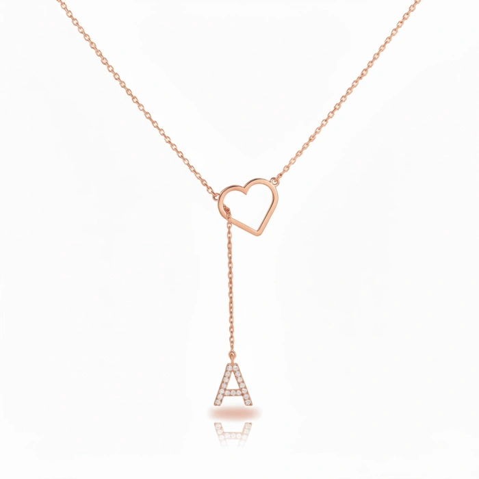 Taşlı Harf Kalp Gümüş Kolye - Rose