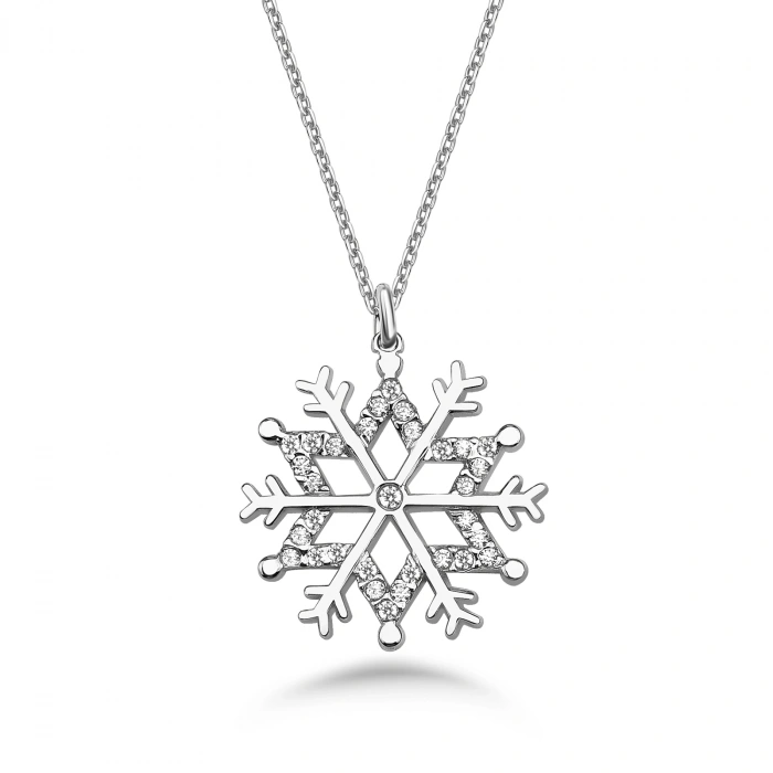 Işıltılı Taşlı Kar Tanesi Gümüş Kolye - Gümüş