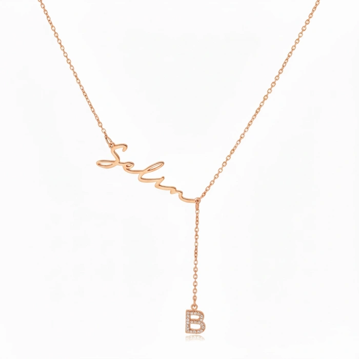 Yeni Taşlı Harf İsimli Gümüş Kolye - Rose