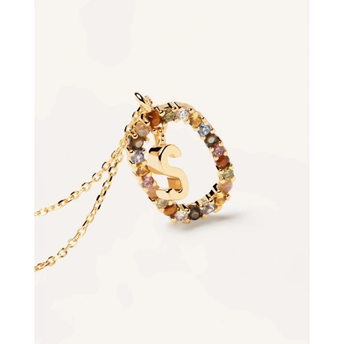 Renkli Taşlı Gümüş Harf Kolye - Rose