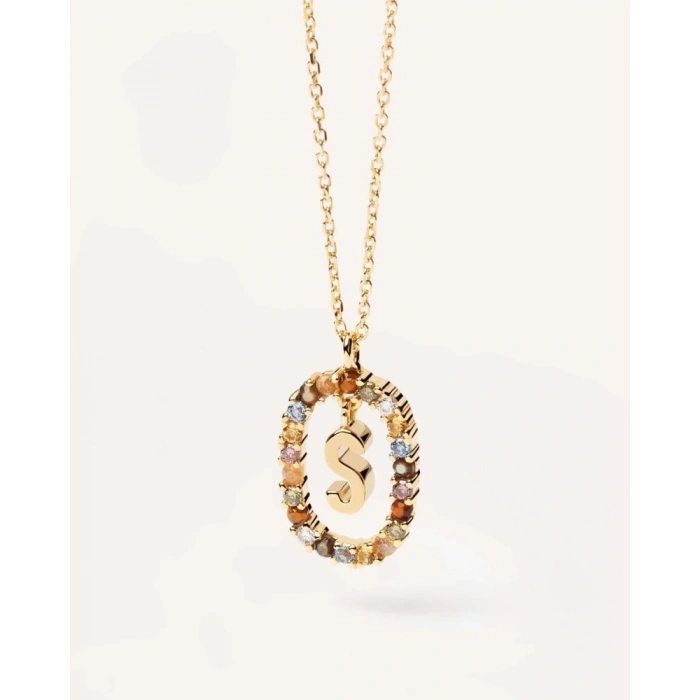 Renkli Taşlı Gümüş Harf Kolye - Altın