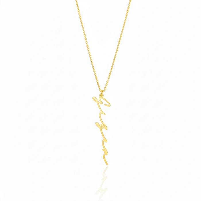 Yeni Trend Dikey Imza 925 Ayar Gümüş Kolye - Altın